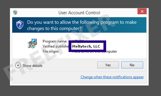 Screenshot where Meltytech, LLC appears as the verified publisher in the UAC dialog